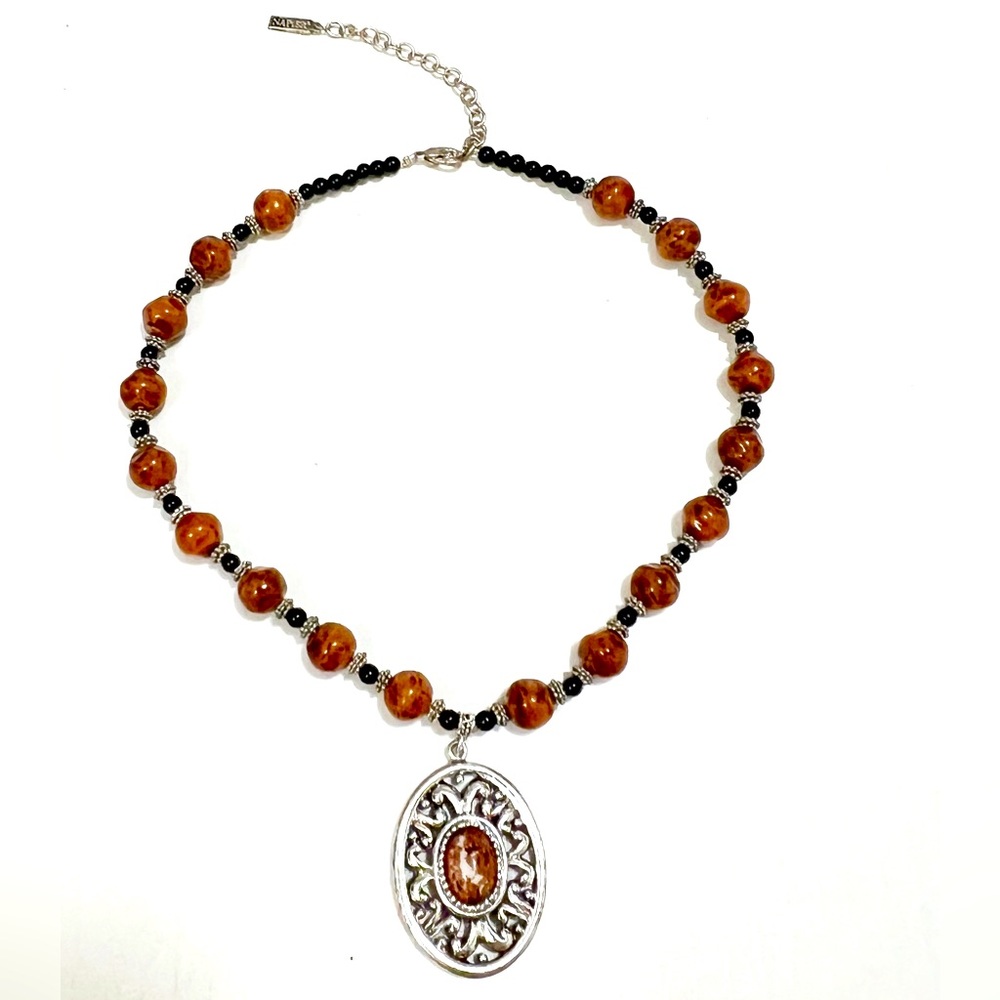 NAPIER Beaded Necklace Aged Silver tone Necklace Brown beads